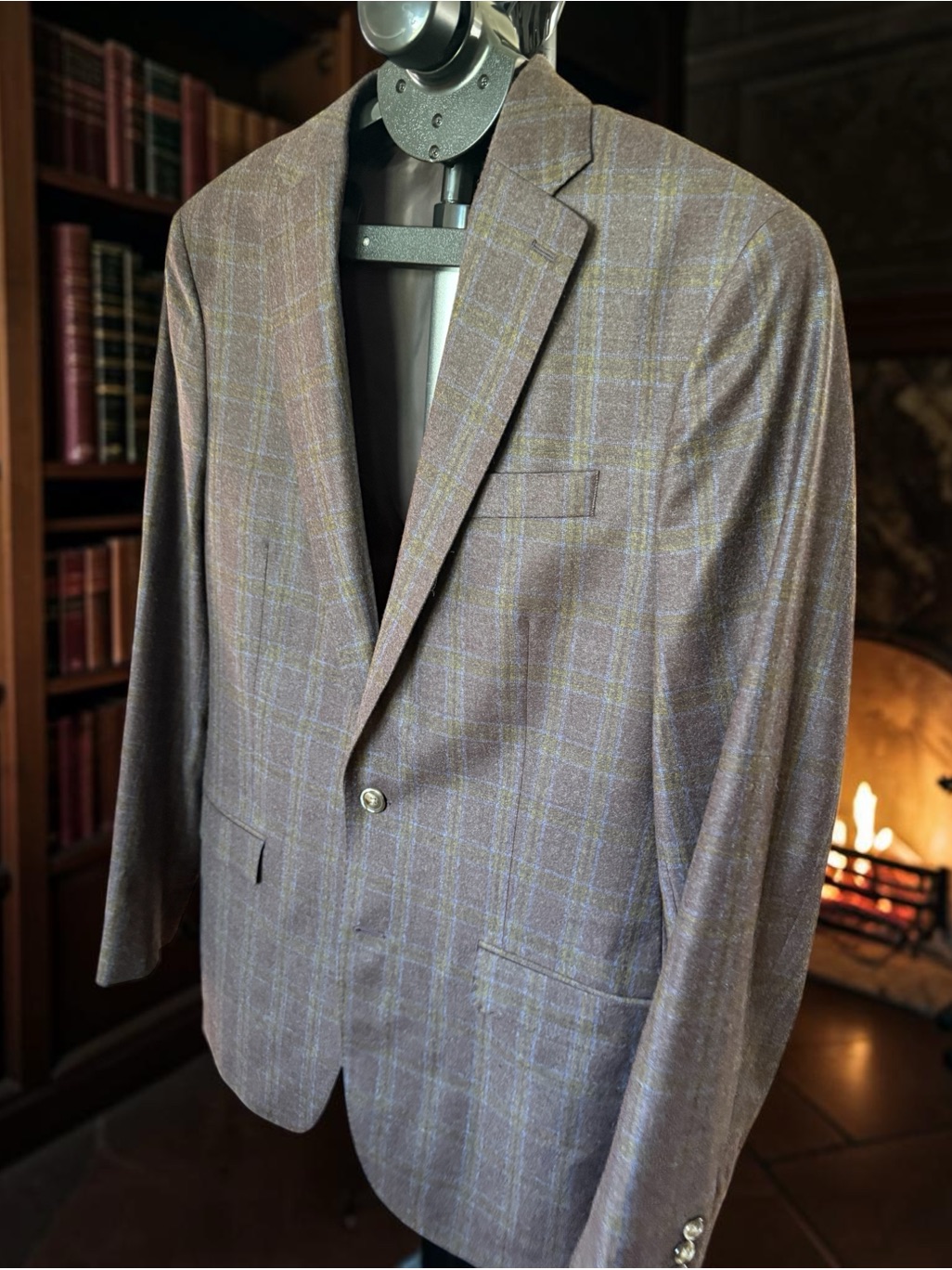 Mens 42l Reda 1865 Italian Wool Windowpane Blazer Brown Blue Plaid